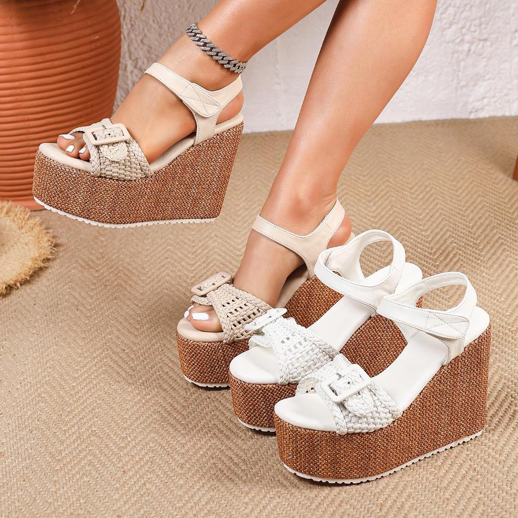 2026 Summer Wedge Buckle Open-Toe Velcro Fashion Women's Peep-Toe Thick-Soled High-Heeled Sandals