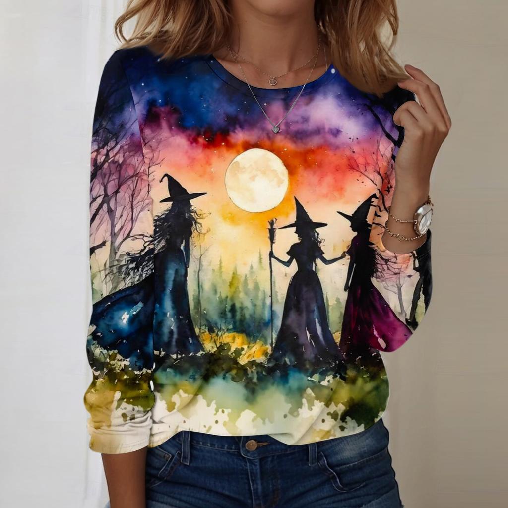Women's Halloween Print Long Sleeve Neck Loose Fit Tunic Top for Fall Casual Outfits