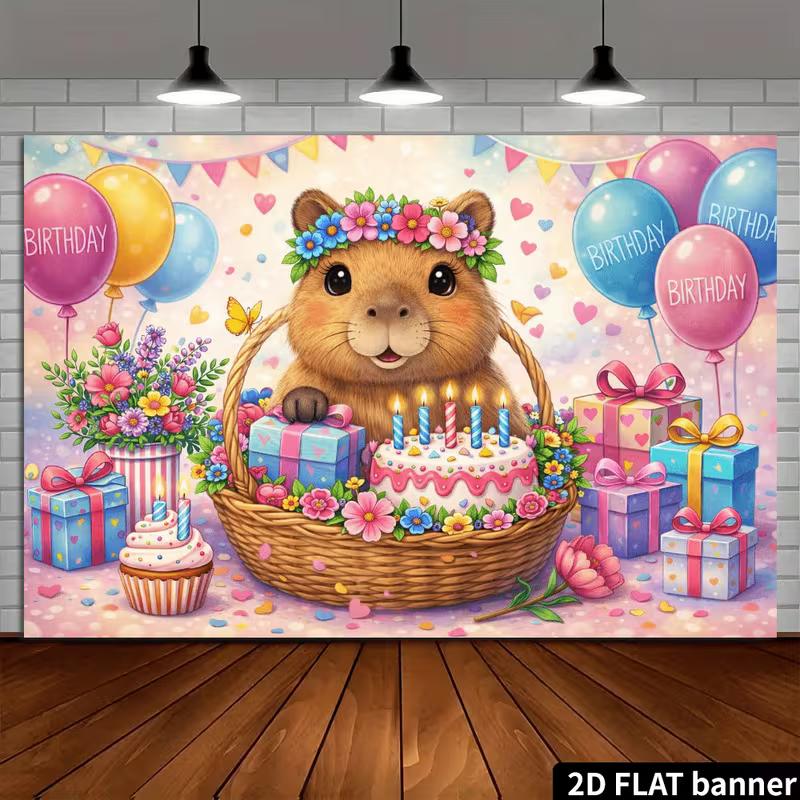 2D Flat Printing Capybara Birthday Backdrop for Girls' Party & Photo Shoot