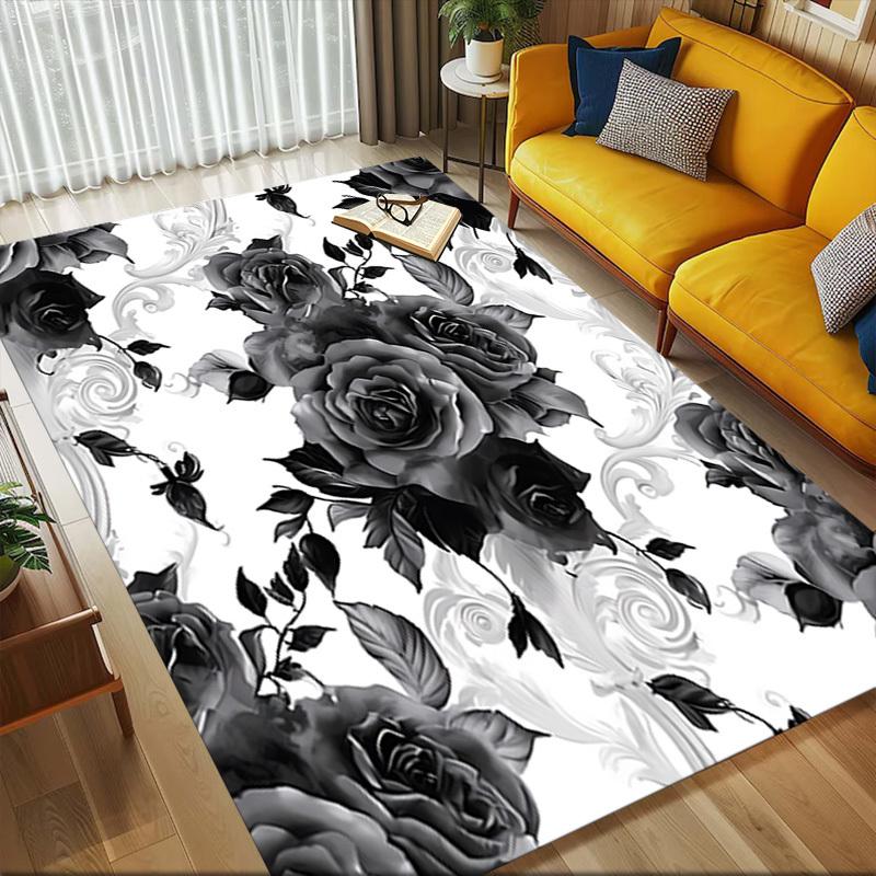 1pc Black Roses Floral Pattern Themed Rug for Home Decor, Non-slip Office Carpet, Chair mat, Outdoor Mat, Christmas and Halloween gifts-0731152