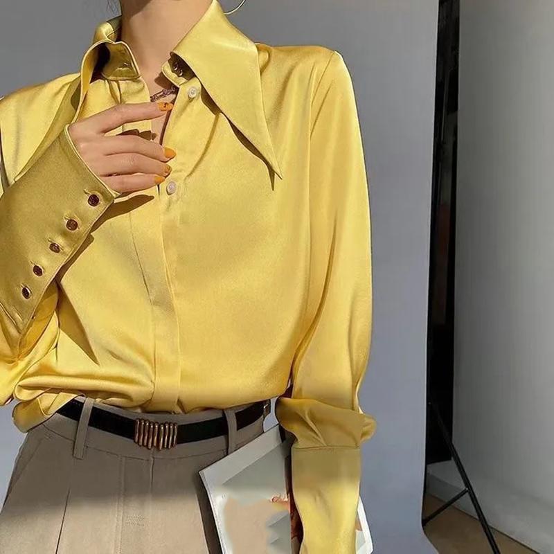 WTEMPO Elegante Umlegekragen Seidenhemden Damen Frühling Vintage Satin Blusen Damen Weiß Langarm Knöpfe Tops