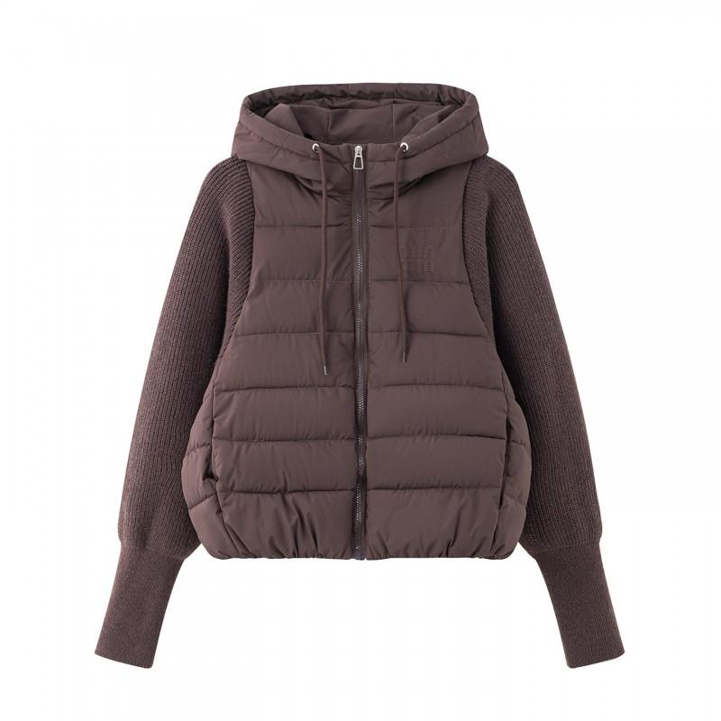 Womens Short Faux Two-Piece Knit Sleeve Cotton Coat 2026 Fall Winter Solid Color Loose Casual Hooded Jacket