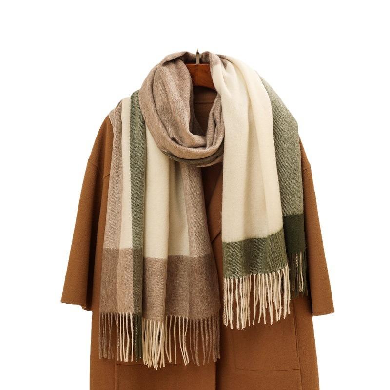 Autumn and winter new 100 wool scarf women's light luxury high-end plaid shawl versatile enlarged thickened warm scarf