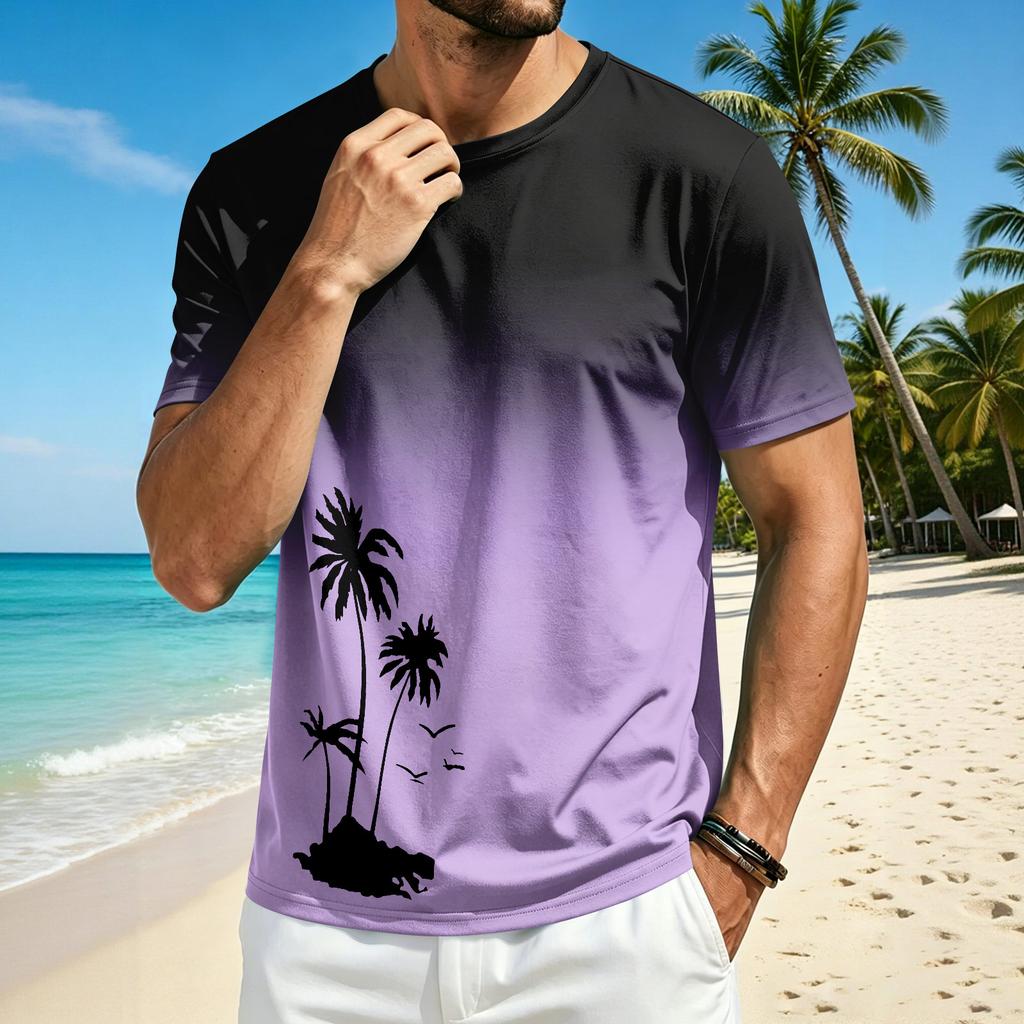 Men’s Summer Crew Neck Short Sleeve T Shirt with Hawaiian Print Casual Comfortable Fit Lightweight Top