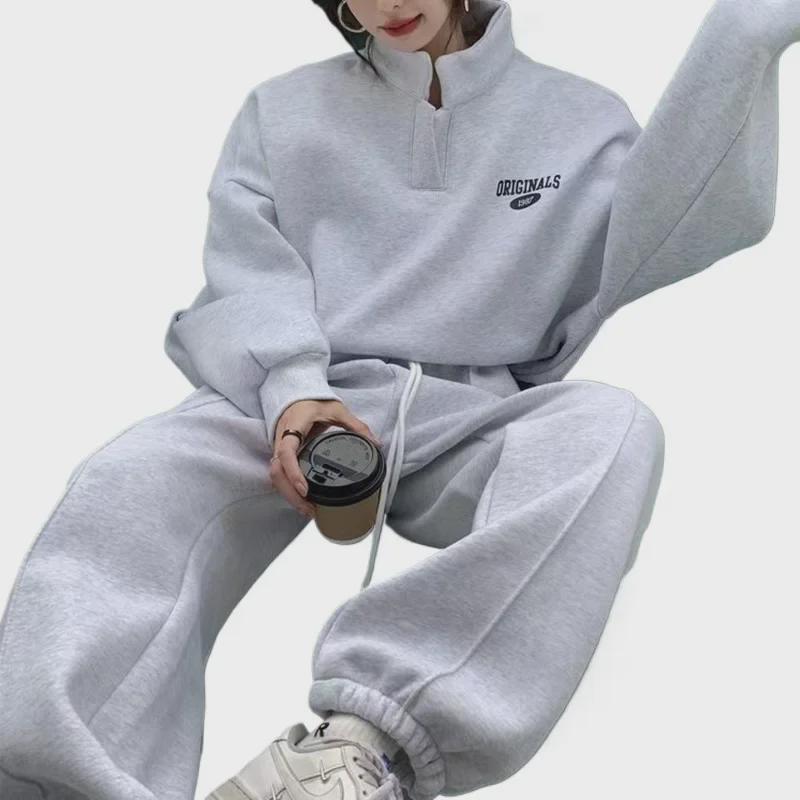 Women's 2023 Autumn/Winter Plus Velvet Sweatshirt & Sweatpants Two-Piece Sportswear for Casual Running & Street Fashion