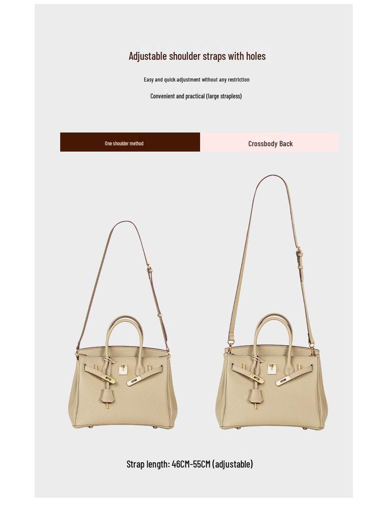 Wax Thread Lychee Grain Cowhide Leather Handbag with Lock Buckle - Women's Platinum Grade Purse