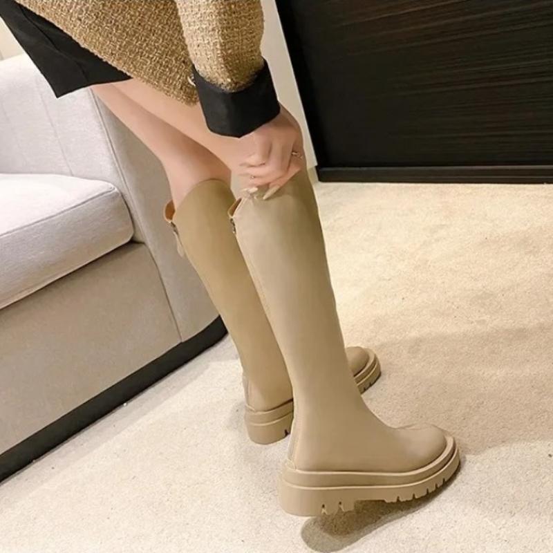 Fashion Elastic High-Cut Boots Women's Spring Autumn round Toe Thick Heel Knight Style Knee-High Boots Comfortable Breathable Leather