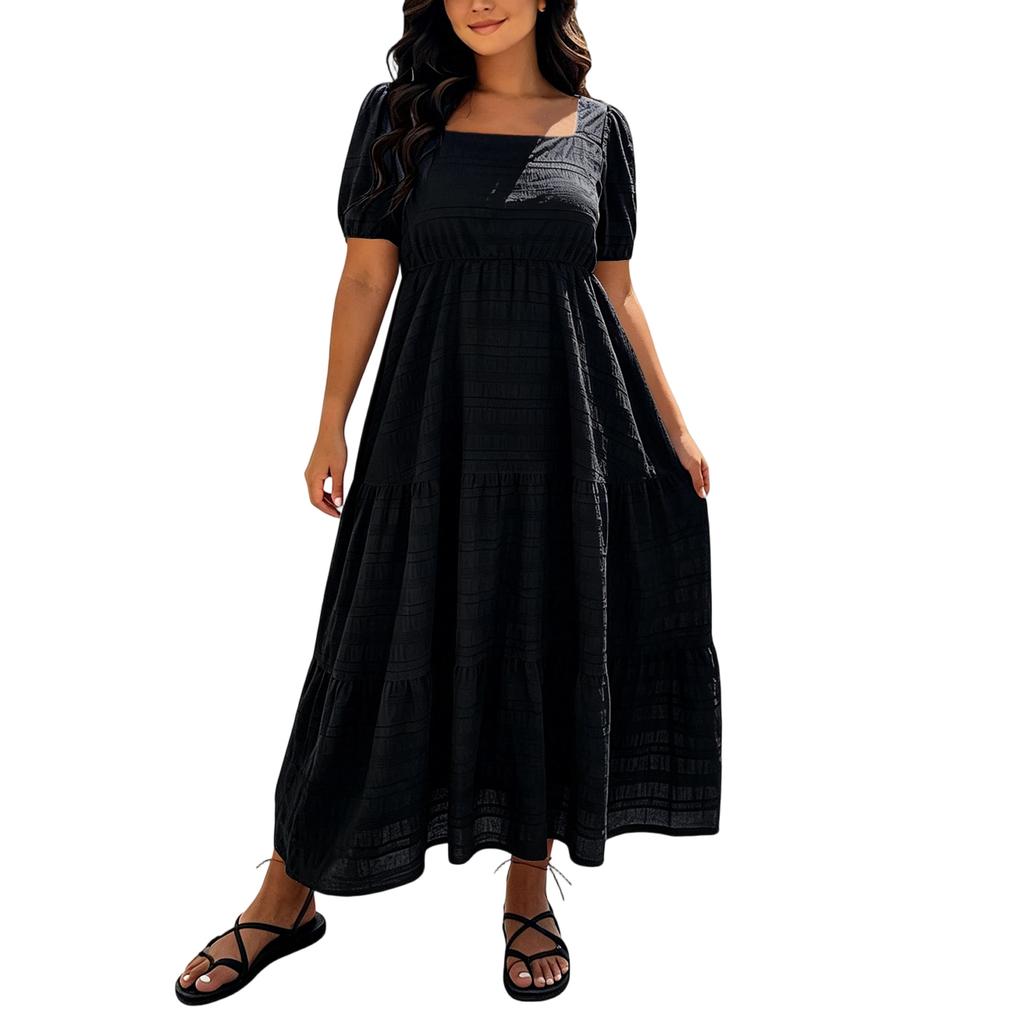 Women Plus Size Bohemian Maxi Dress Square Neck Puff Sleeve Loose Fit Casual Long Dress for Summer Beachwear
