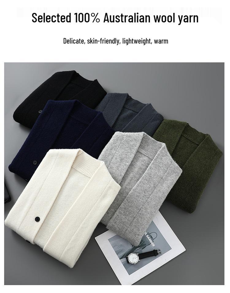 Gruby wełniany kardigan męski - Jednolity kolor, Duży rozmiar, Sweter dzianinowy casual