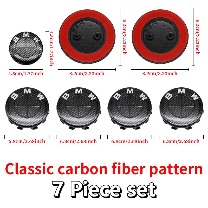 For BMW E46 82mm Hood F10 74mm Trunk Emblem 7Pcs Full Black Carbon Fiber Badge Set E90 68mm Wheel F30 Steering G20 X5 M4 Auto