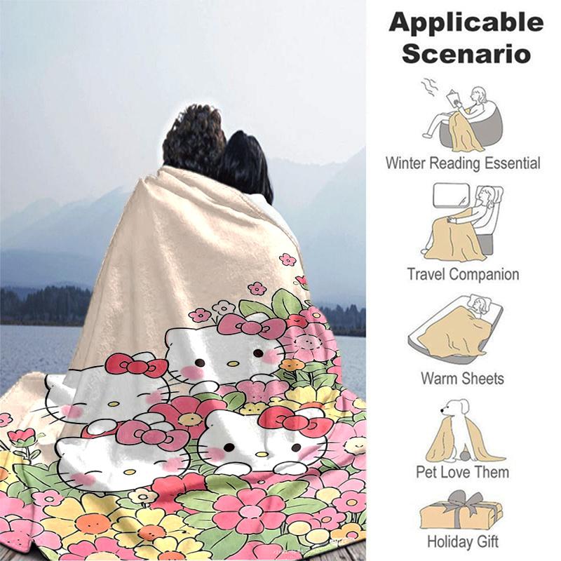 1pc Hello Kitty in a Field of Flowers Blanket, Soft Throw for Home Decor, Gift Idea, Suitable for All Seasons, Living Room, Travel, Camping, Car Blank