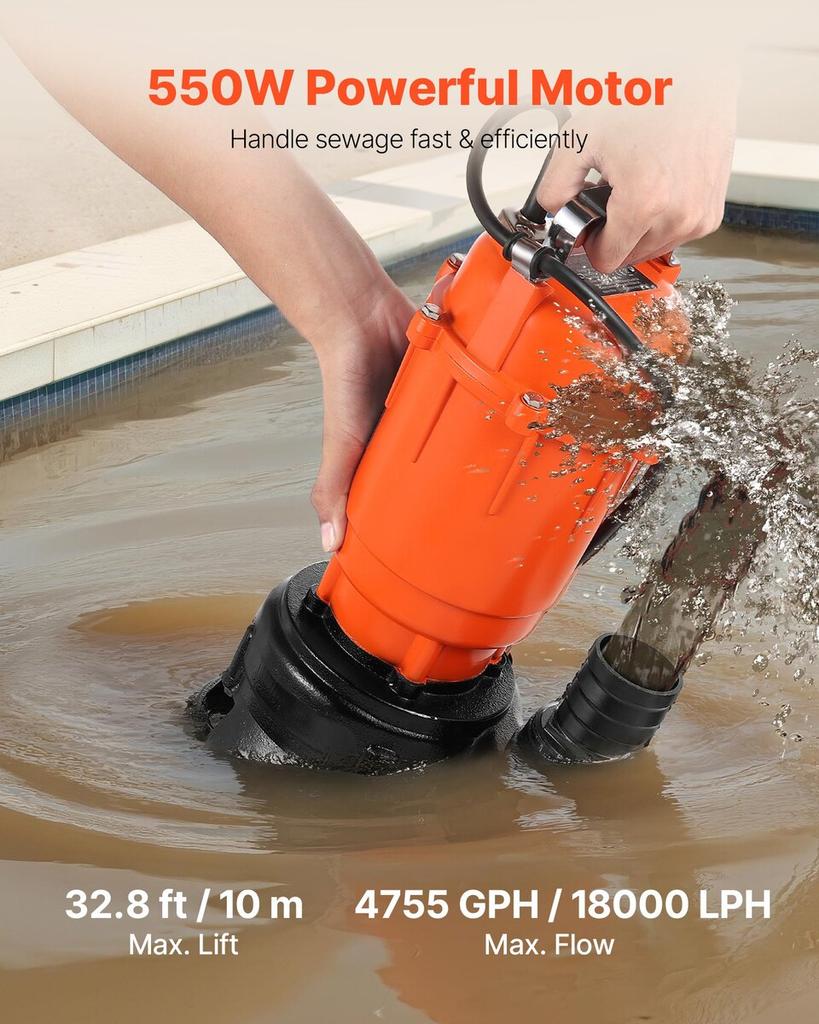 550W Submersible Trash Pump, 18000 L/H, Cast Iron Submersible Sump Sewage Pump with 2 In Discharge, 10M Max Lift, Draining Dirty Clean Water, for