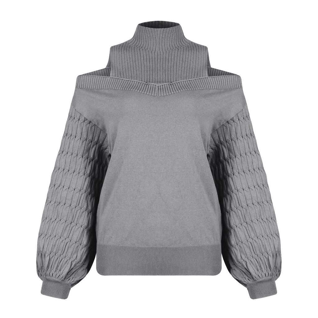 Ladies  And Winter Fashion Off Shoulder Turtleneck Warm Solid Color Long Sleeve Sweater