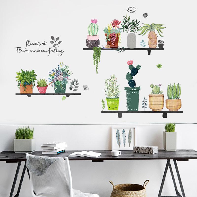 DIY Self-Adhesive Wall Stickers Green Potted Plants Decor for Living Room Bedroom Peel Stick Vinyl Art