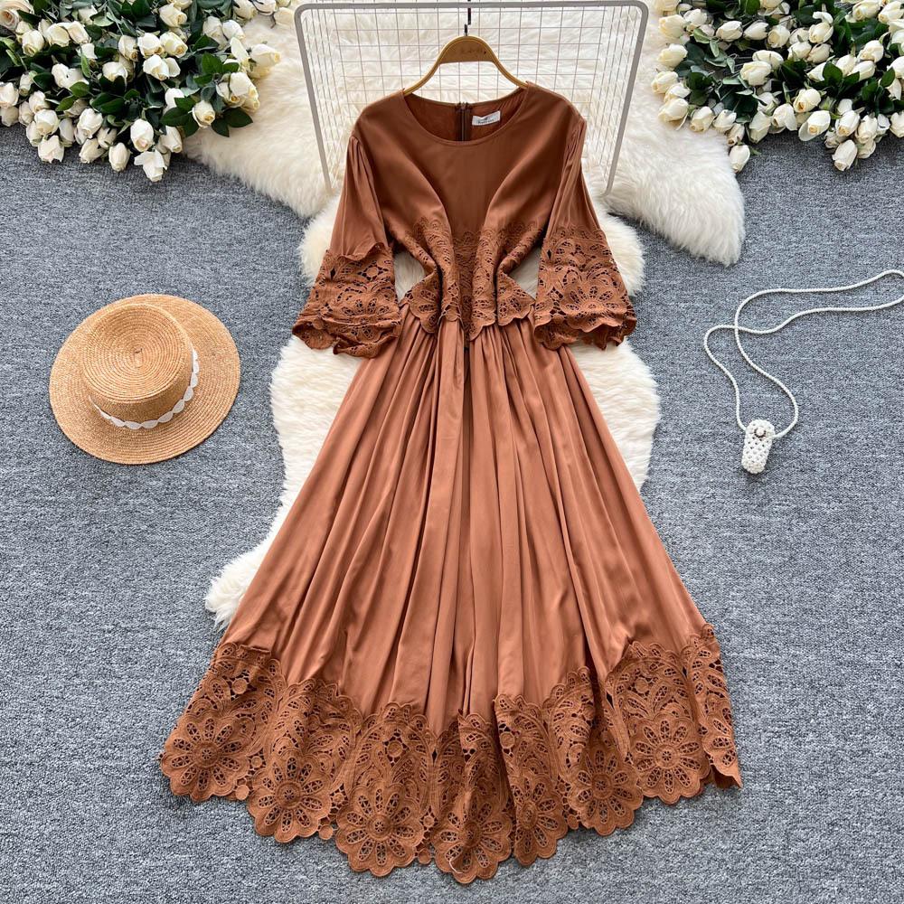 French court style seven-quarter sleeve dress women's summer mesh hollowed crochet design sense temperament big pendulum long skirt