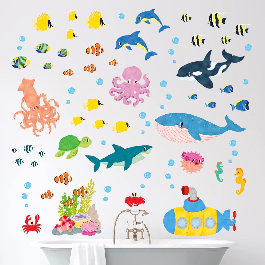 DECOWALL Underwater Marine Life Wall Stickers Decorative Wall Art for DIY Projects Wall Transfer Stickers for and Children Bathroom Room Decorative