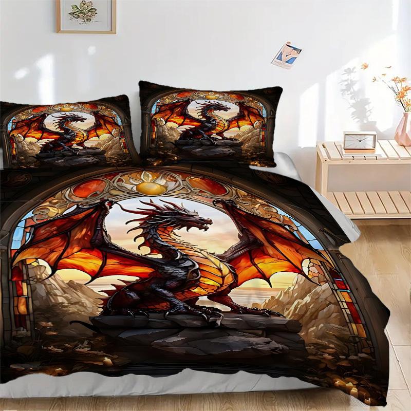 

3pcs Dragon Stained Art Duvet Cover Set - Machine Washable, Includes 1 Cover and 2 Pillowcases, No Core Included yy251013103 135x200cm