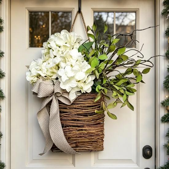 Faux Hydrangea Door Hanger Basket Wreath Spring Summer Artificial Flower in Wicker Basket with Bow Front Door Hanging Flower Basket for Home Farmhouse