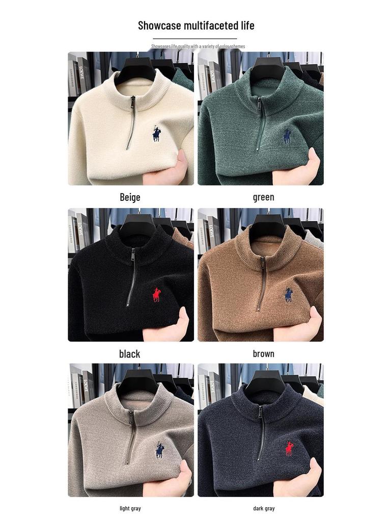 Men's Trendy Fleece Zipper Sweater - Loose, Warm, Plus Velvet, Half-High Collar Knitwear for Winter