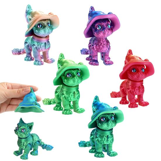 3D Printed Wizard Cat Articulated Cat Ornament with Detachable Wizard Hat Interactive Desktop Pet Stress Relief Toy for Home Office Decoration