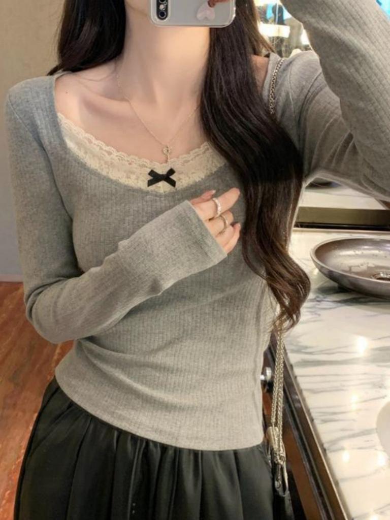 Sweet and spicy collar lace bow long-sleeved T-shirt women's spring splicing top bottoming shirt