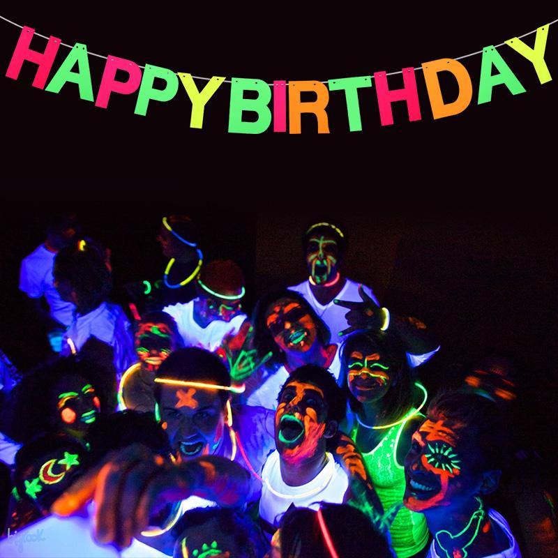 1Set Neon Glow Happy Birthday Paper Banner Hanging Spiral Birthday Party Decoration Black Light Reactive UV Glow In the Dark