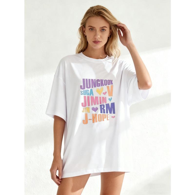 Übergroßes T-Shirt Schwarz Jungkook Suga V Jimin Jin Rm J Hope Kpop Bandmitglieder Namen und Herzen Print Lässige Streetwear für Frauen Unisex Mode Oberteil