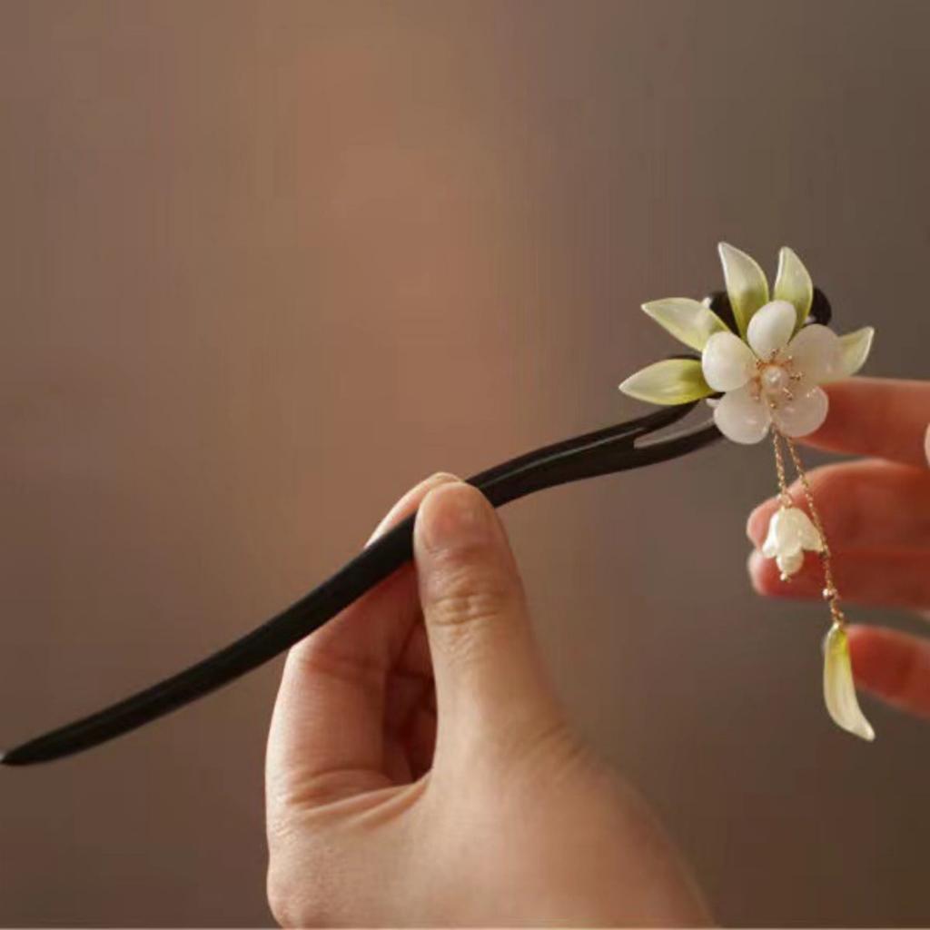 Flower Tassel Hairpin For Women Vintage Wooden Floral Hair Stick Elegant Hanfu Hair Accessories 18cm Updo Meatball Head Hairpins
