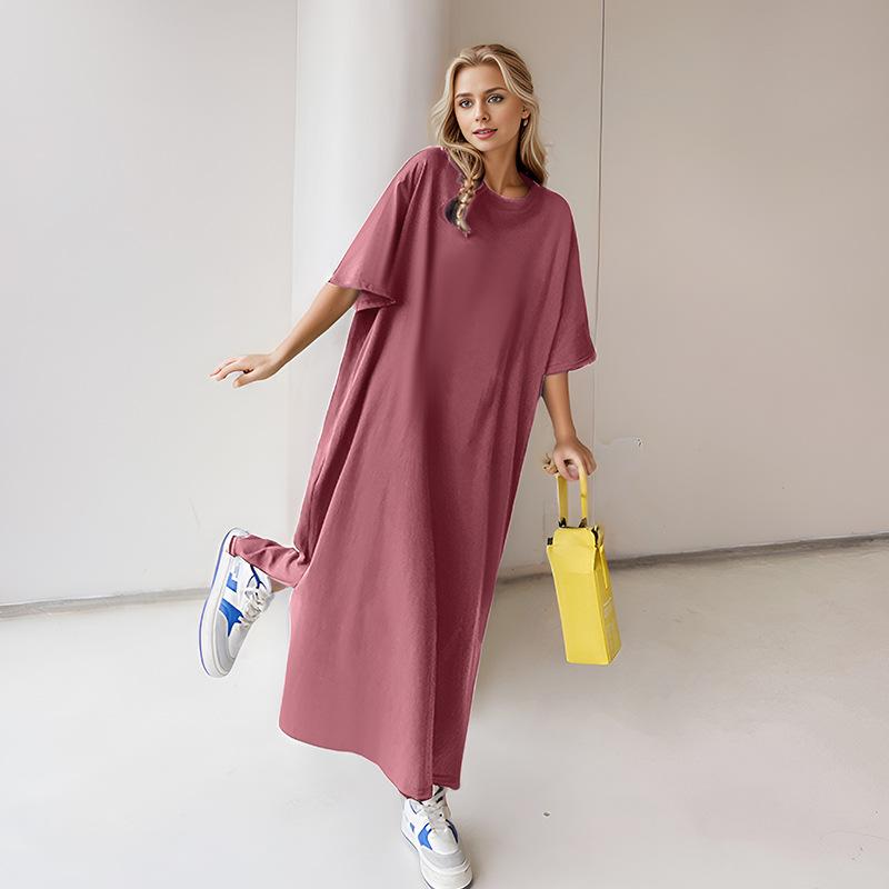 

Свободное повседневное однотонное удобное хлопковое платье свободного покроя большого размера с короткими рукавами платье-рубашка летние длинные домашние платья XXL розовый