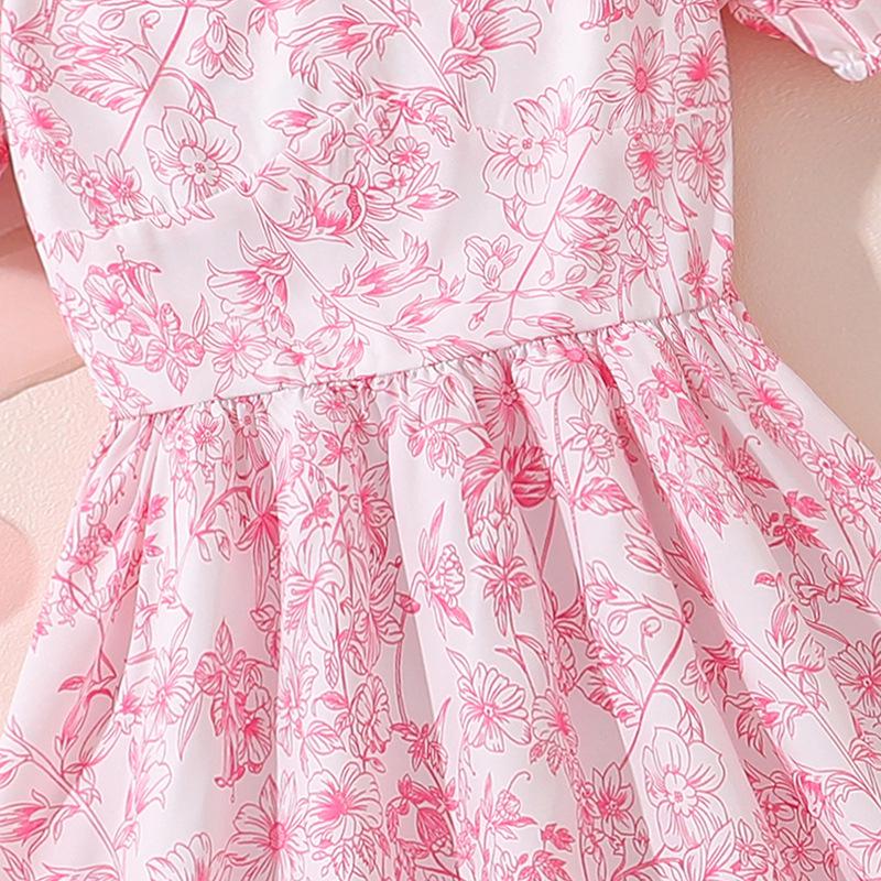 Rochie de vară 2025 cu mâneci bufante și imprimeu floral pentru fete - Stil dulce de prințesă cu talie strânsă