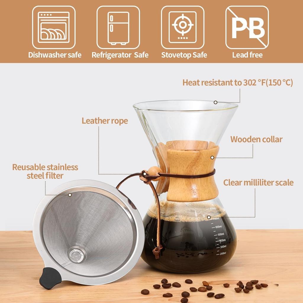 Pour Over Coffee Maker 27 OZ, 8 Cup Borosilicate Glass Drip Coffee Maker with Reusable Stainless Steel Filter and Cork Grip for Home Café 800 ML
