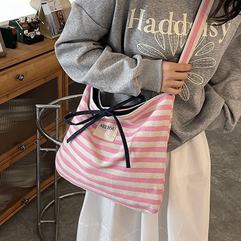 Large-capacity Bag Women's New Summer Versatile Casual Striped Shoulder College Student Class Tote Bag