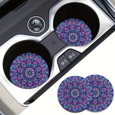 2pcs Purple Mandala Car Cup Holder Coasters Flower Stylish Drink Mats for Vehicle & Home Decor, Car Coasters for Cup Holders Office