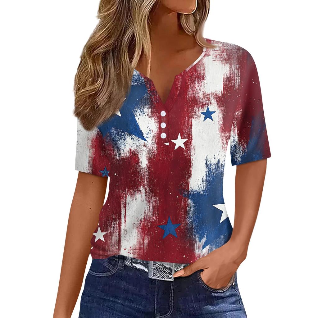 Women's T Shirt Independence Day Print Button Short Sleeve Daily Weekend Fashion Basic V- Neck Regular Top