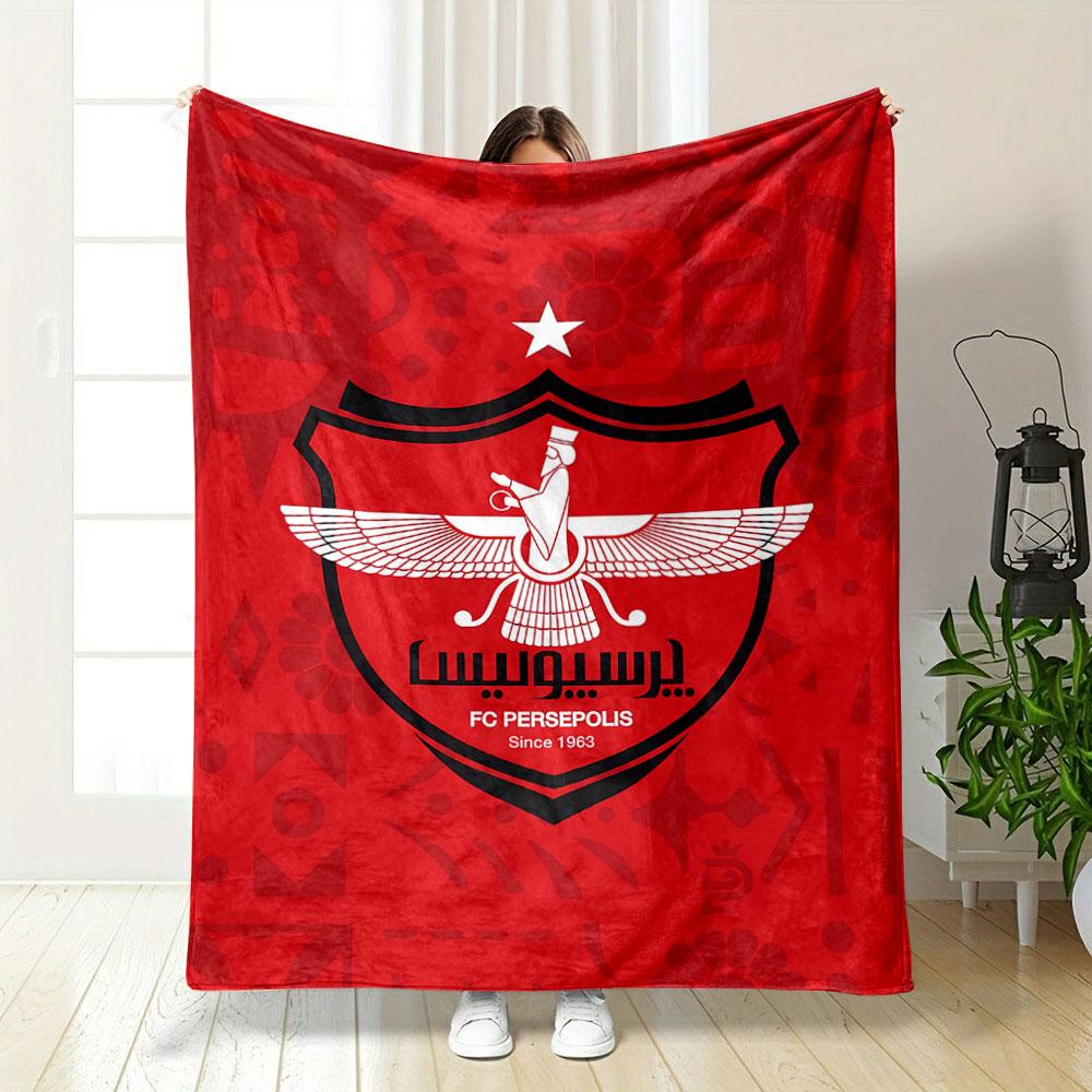 A red background with a central crest, winged figure, and a top white star. for all seasons blanket lunch break throw gift
