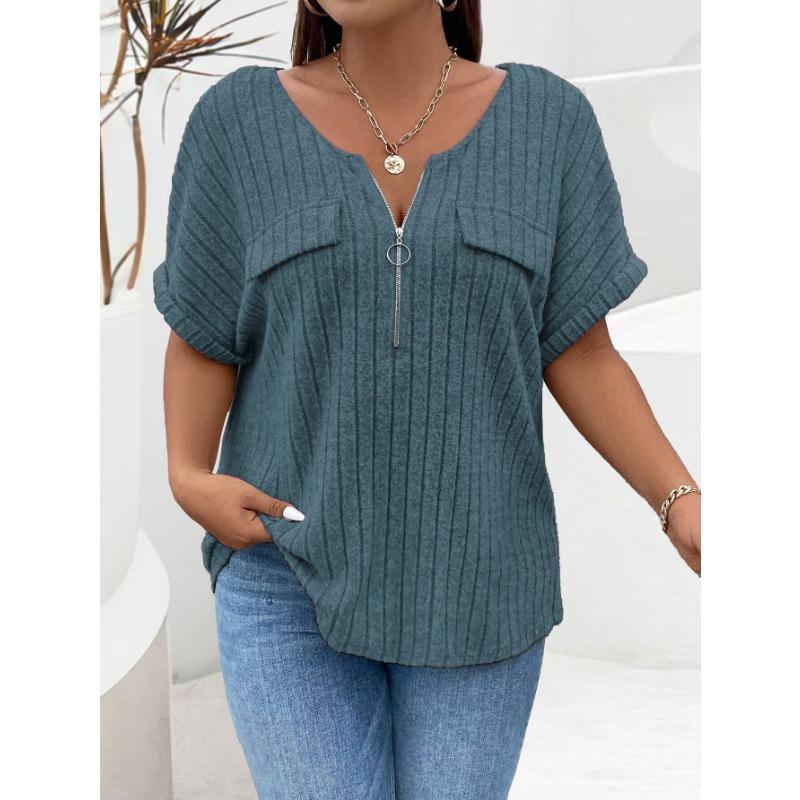 EastRogue Women's Fashion Casual Large Size Solid Color Print Summer Spring Short Sleeve V-Neck Loose Fake Pocket Pullover T-shirt