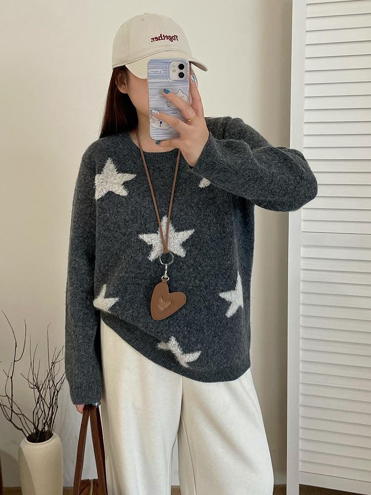 Plus Size Women's Star Embroidered Color Block Sweater - Winter 2025, Loose Knitwear for Chubby Girls