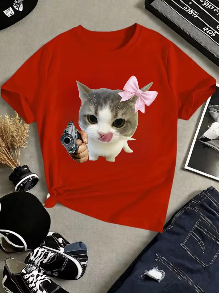 Adult and Children Cute Cat Holding Gun Gesture Soft Cute Cool Pure Cotton Tshirt Couple and Parentchild Gift for Girlfriend