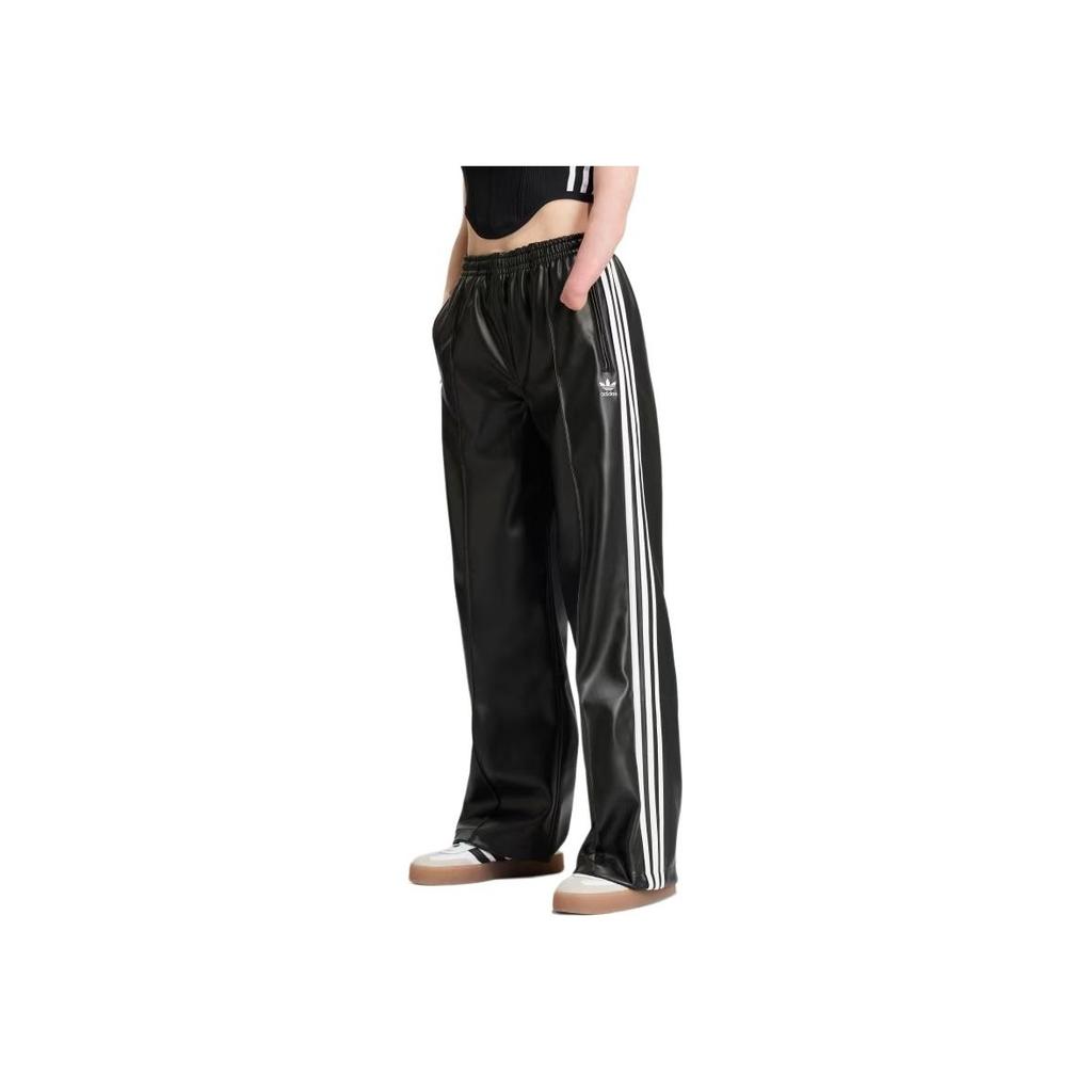 Adidas Originals Firebird Pleather Pants With Logo Pattern Side Stripes Outdoor Casual Sports Straight Loose Fit Pants Women Pants Black IY7245
