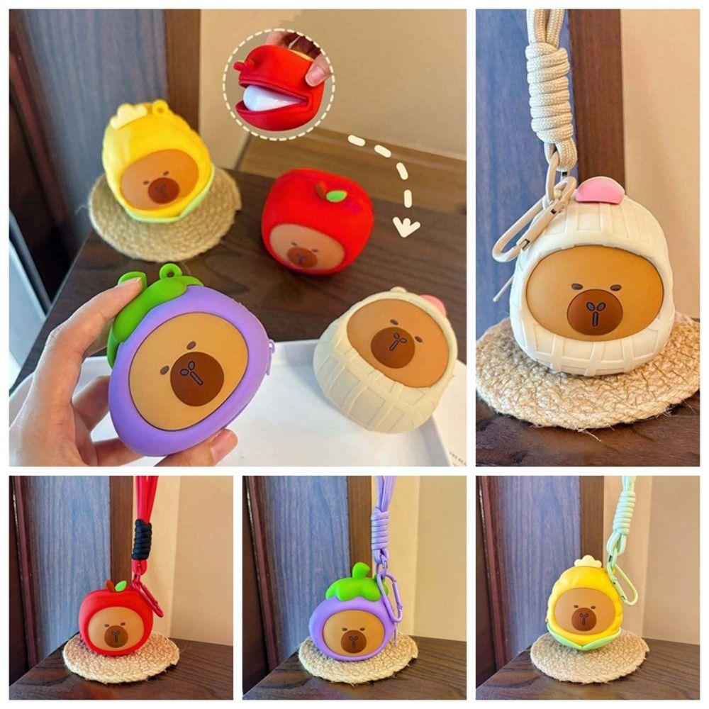 Cartoon Hanging Rope Storage Bag Creative Round Silicone Coin Purse Keychain Earphone Bag  Car Key