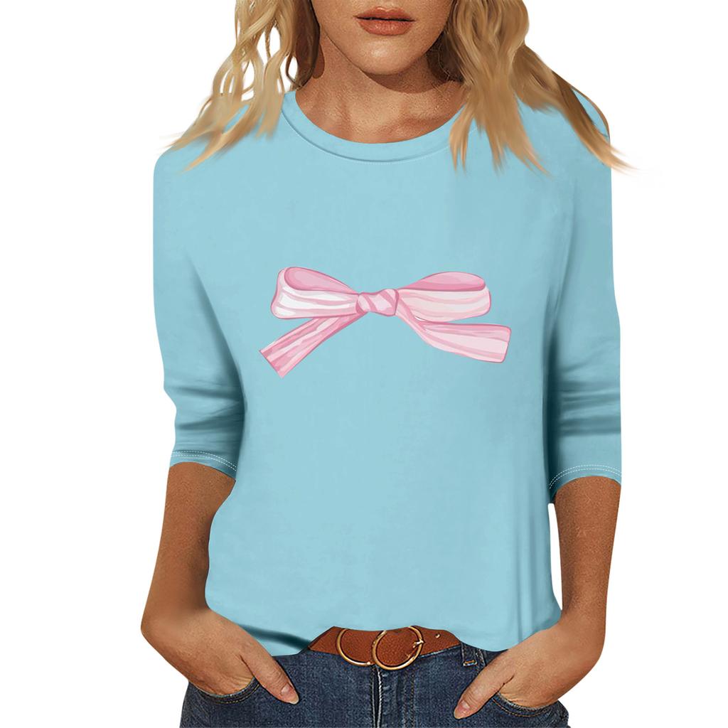 Ladies' Fashionable And Casual Seven Quarter Sleeve Bow Printed Pullover Top