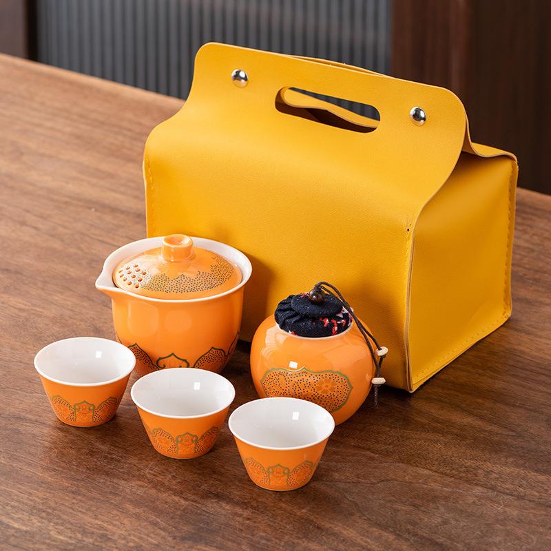 High-end Guochao travel tea set, household high-end business gifts, light luxury, a pot of three cups, commemorative souvenir gifts