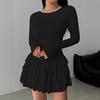 Elegantes Langarm Figurbetontes A-Linien-Stufenkleid mit Rüschen Neu Einfarbig Sexy Freizeit Party Abendkleider Damenmode Frühling Sommer Kleidung