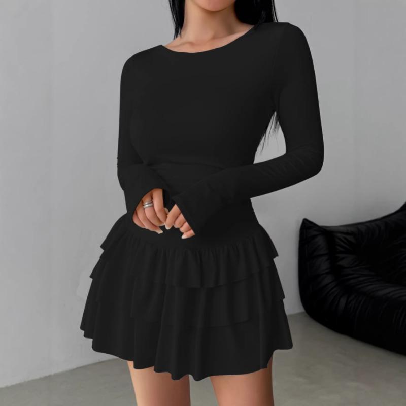 Elegantes Langarm Figurbetontes A-Linien-Stufenkleid mit Rüschen Neu Einfarbig Sexy Freizeit Party Abendkleider Damenmode Frühling Sommer Kleidung