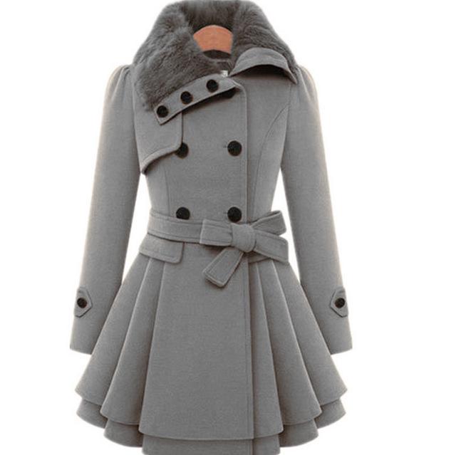 Women Vintage Woolen Coat Slim Trench Coats Lady Fur Collar Winter Woolen Coat Jackets Outwear