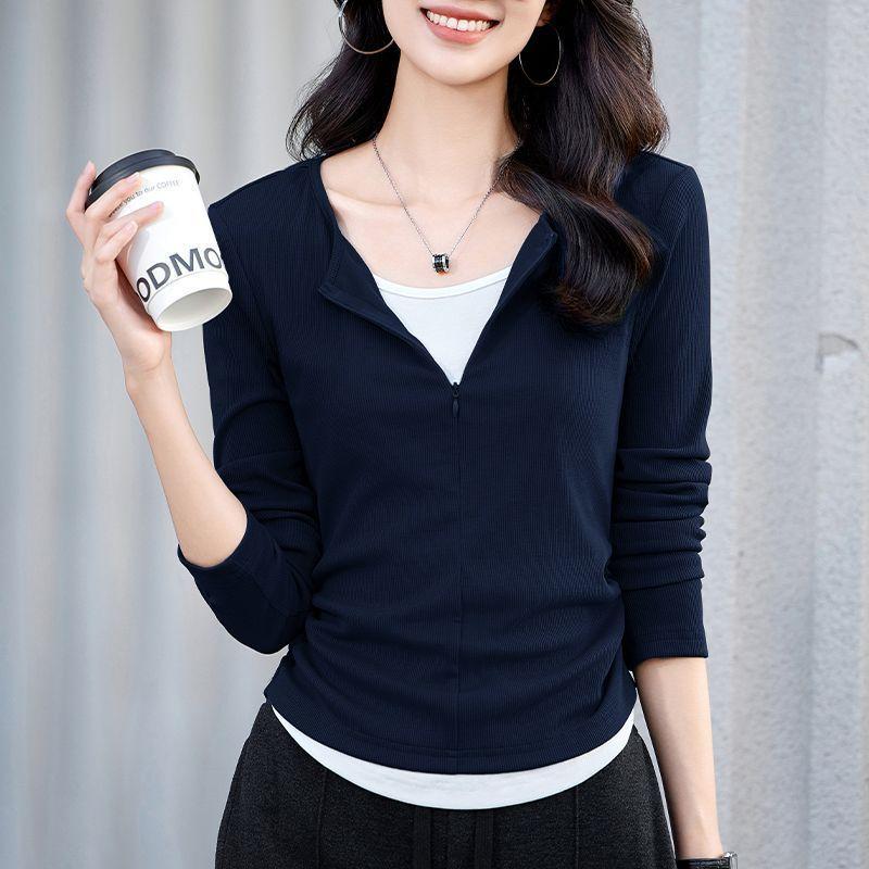 Dámské tričko s falešným dvoudílným designem, sešívané, podzimní vnitřní top s dlouhým rukávem