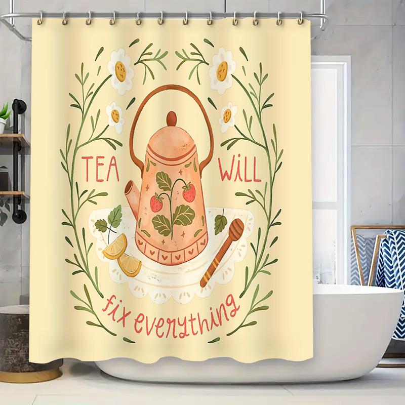 Floral Bathroom Shower Curtain Vintage Botanical Print Farmhouse Decor Waterproof Fabric Liner W60H190(CM)-1 Pcs