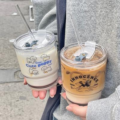 350ml roztomilý pes skleněná láhev na vodu s víčkem a slámou Kawaii přenosná krabice na mléko láhev na pití káva bublina šálek čaje dárek pro dívky