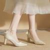 Fashion Square Heel Single Shoes Summer New Pointed Toe Shallow Mouth Beaded Bow Non-Slip Wear-Resistant High Heels