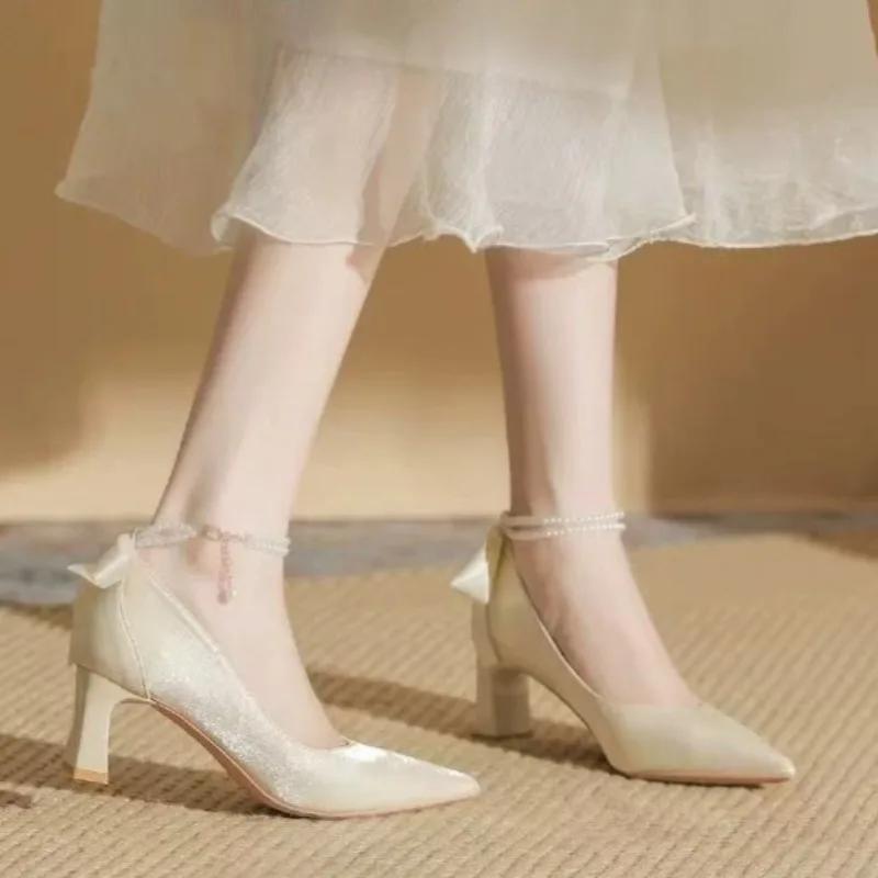 Fashion Square Heel Single Shoes Summer New Pointed Toe Shallow Mouth Beaded Bow Non-Slip Wear-Resistant High Heels